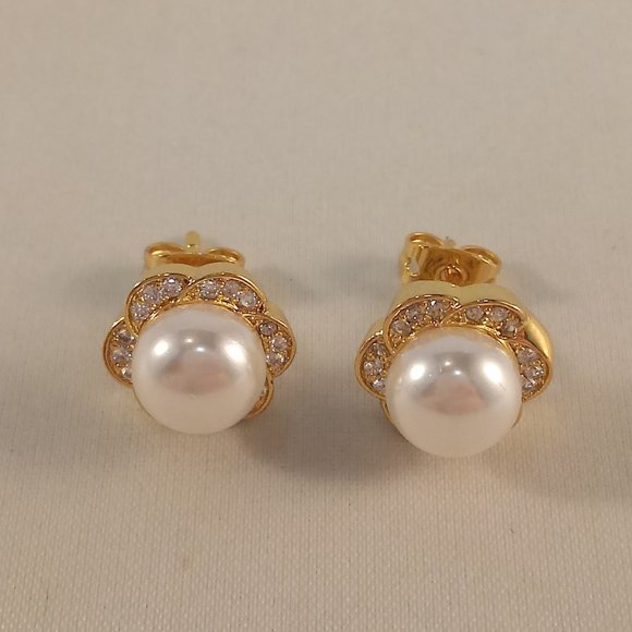 18K Yellow Gold Filled Pearl Swirl Flower Diamond Topaz Zircon Stud Earrings - Picture 2 of 6